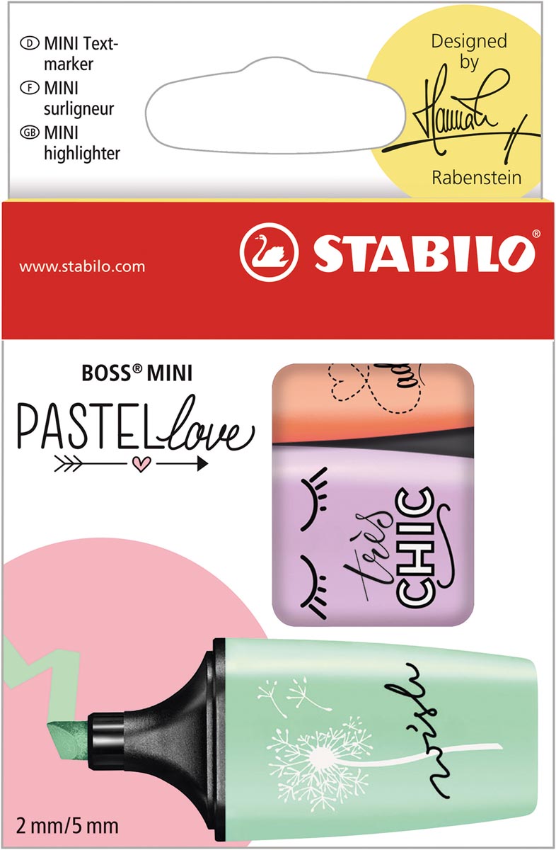 STABILO BOSS MINI Pastellove markeerstift, doosje van 3 stuks in geassorteerde pastelkleuren