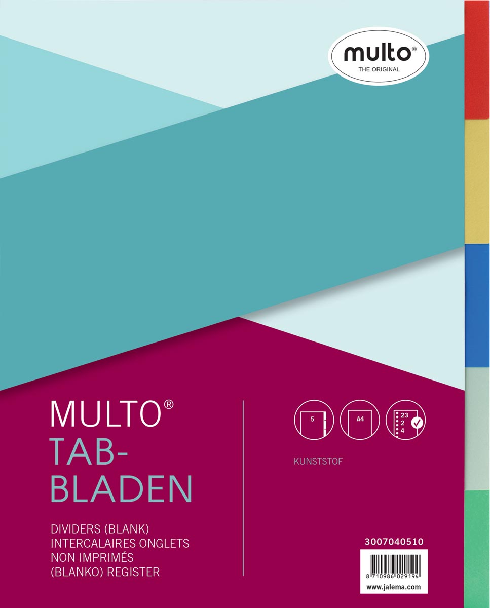 Multo tabbladen, voor ft A4, 23-gaatsperforatie, uit kunststof, 5 tabs, geassorteerde kleuren