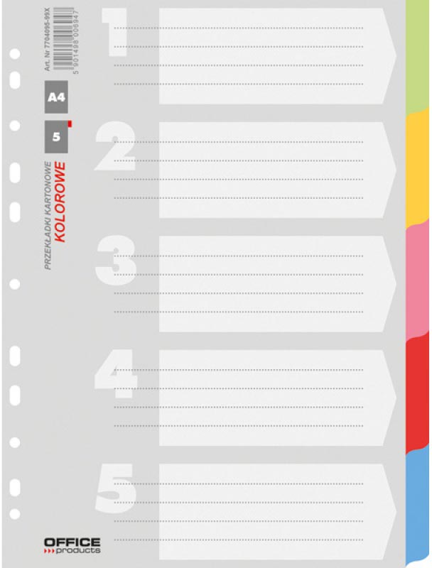 OFFICE products tabbladen, A4, karton, 11-gaatsperforatie, geassorteerde kleuren, 5 tabs