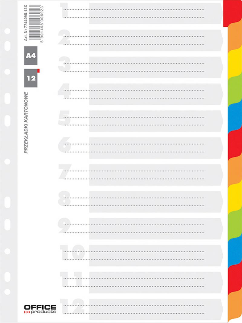 OFFICE products tabbladen, A4, karton, 11-gaatsperforatie, geassorteerde kleuren, 12 tabs