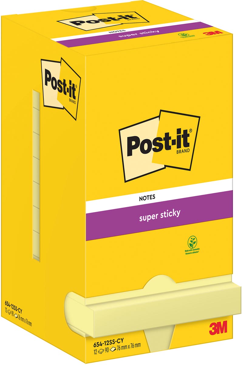 Post-It Super Sticky Notes, 90 vel, ft 76 x 76 mm, geel, pak van 12 blokken afbeelding