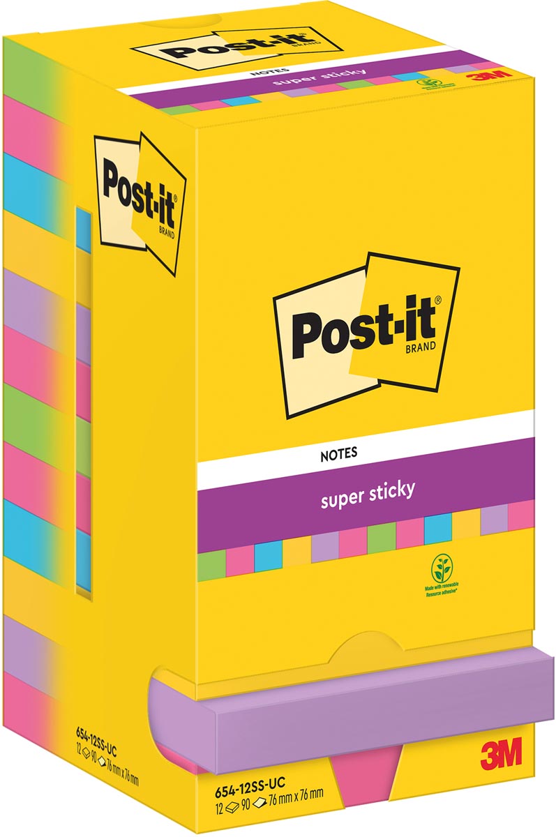 Post-It Super Sticky Notes, 90 vel, ft 76 x 76 mm, assorti, pak van 12 blokken afbeelding