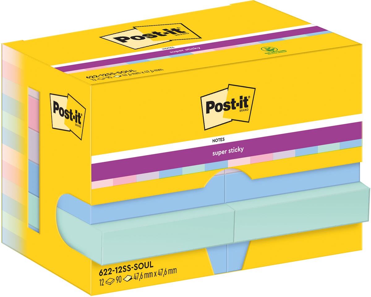 Post-It Super Sticky Notes Soulful, 90 vel, ft 47,6 x 47,6 mm, pak van 12 blokken afbeelding