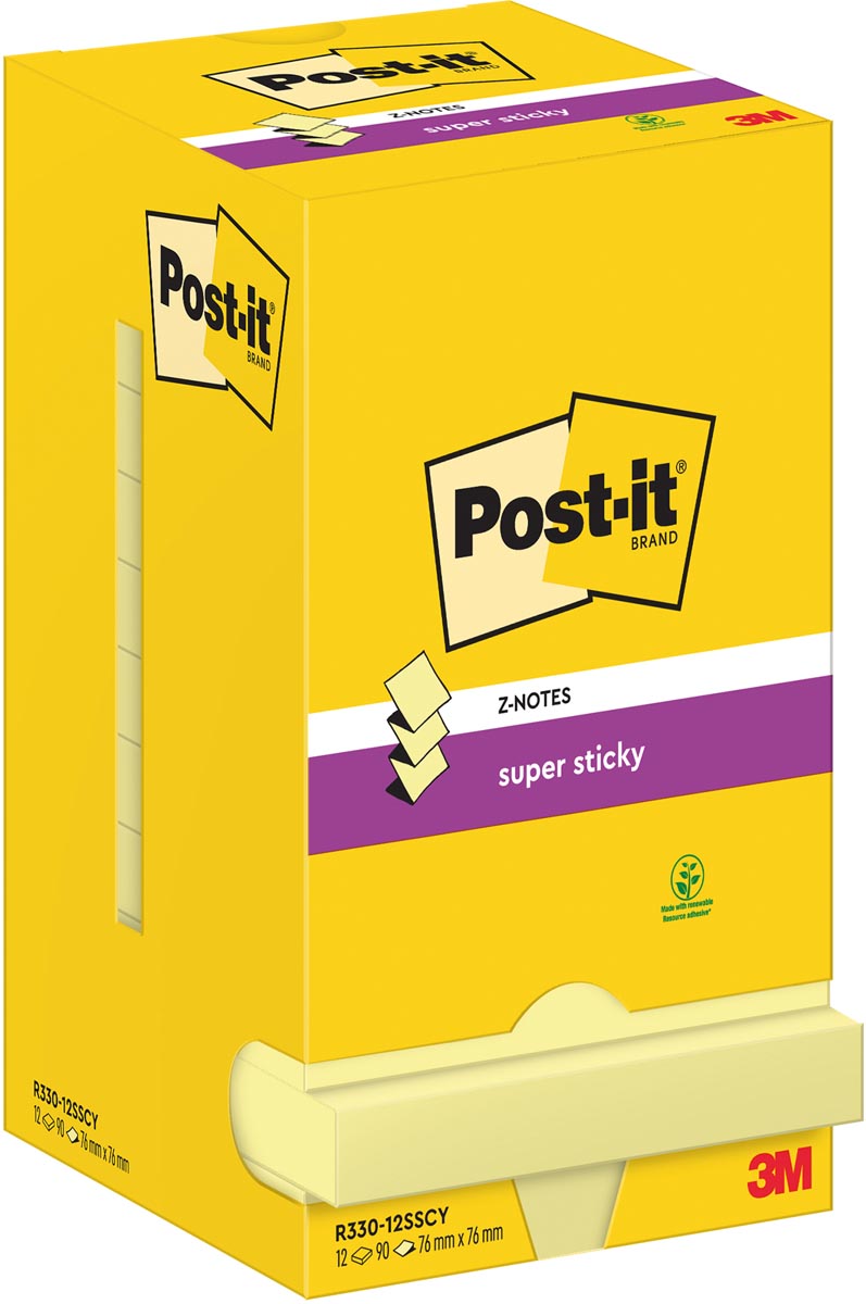 Post-It Super Sticky Z-Notes, 90 vel, ft 76 x 76 mm, geel, pak van 12 blokken afbeelding