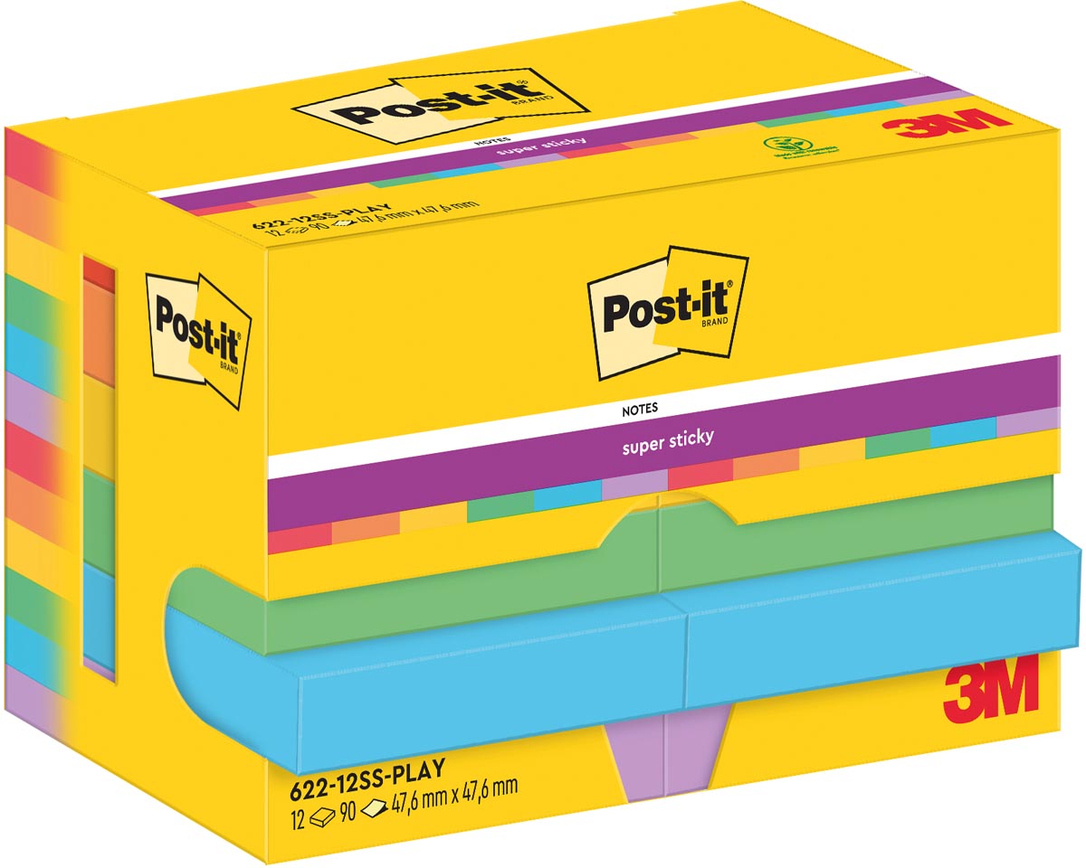 Post-It Super Sticky Notes Playful, 90 vel, ft 47,6 x 47,6 mm, pak van 12 blokken afbeelding