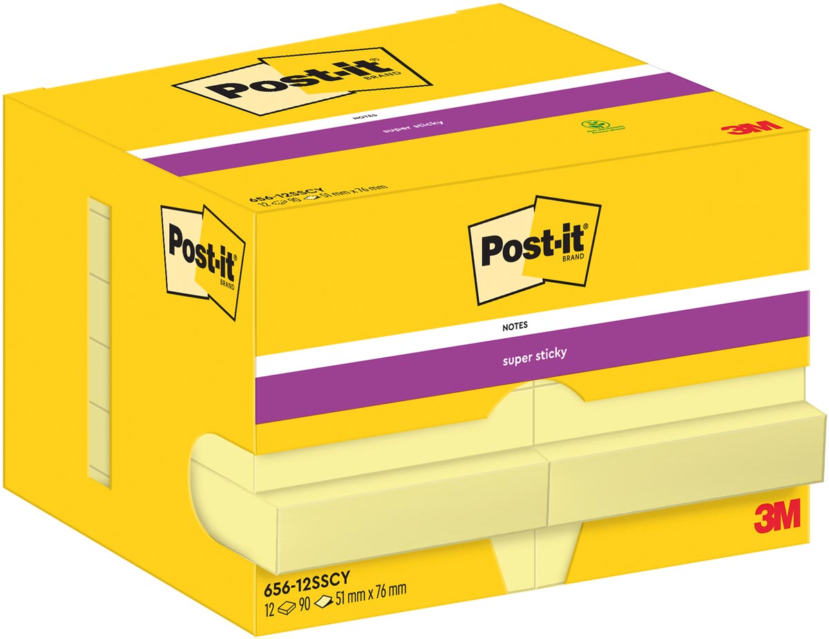 Post-It Super Sticky Notes, 90 vel, ft 51 x 76 mm, geel, pak van 12 blokken