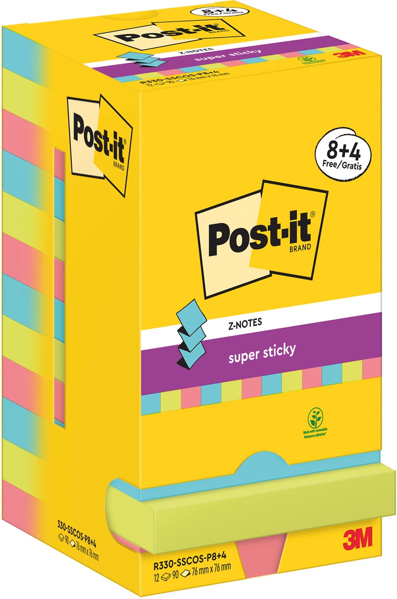 Post-It Super Sticky Z-Notes Cosmic, 90 vel, ft 76 x 76 mm, 8 + 4 GRATIS afbeelding