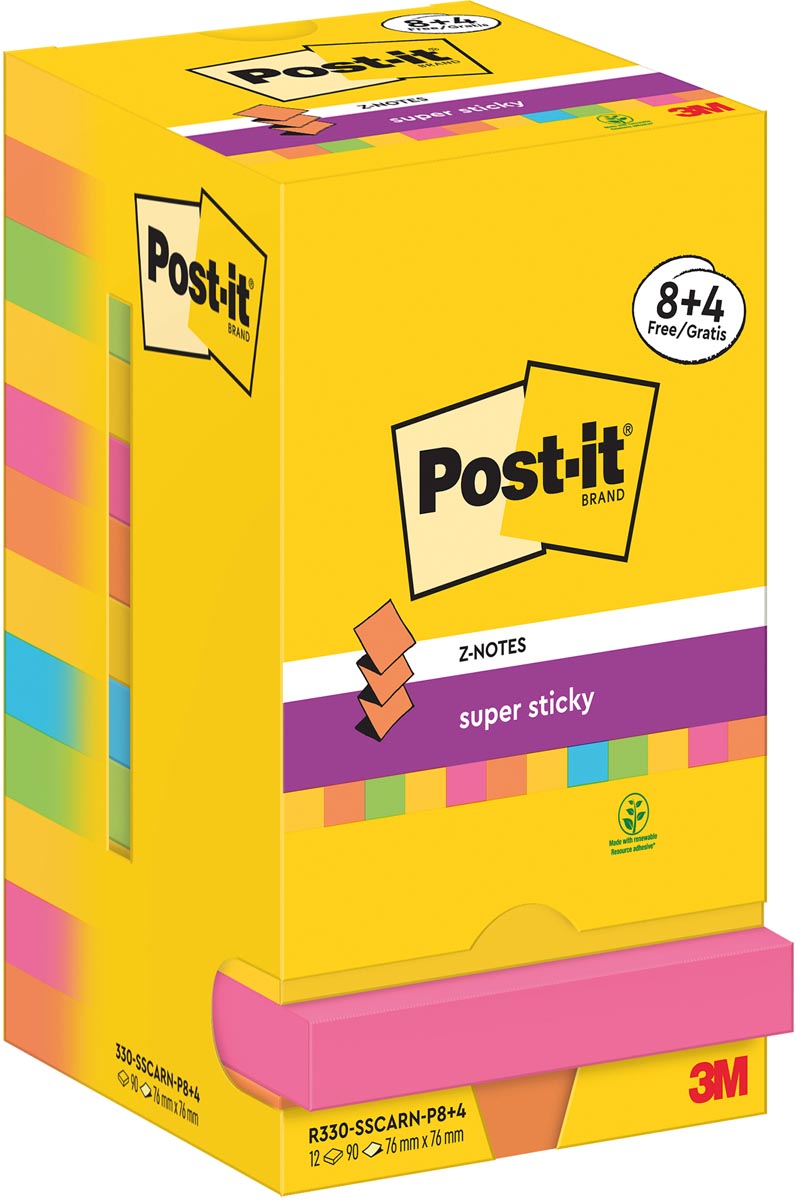 Post-It Super Sticky Z-Notes Carnival, 90 vel, ft 76 x 76 mm, 8 + 4 GRATIS afbeelding