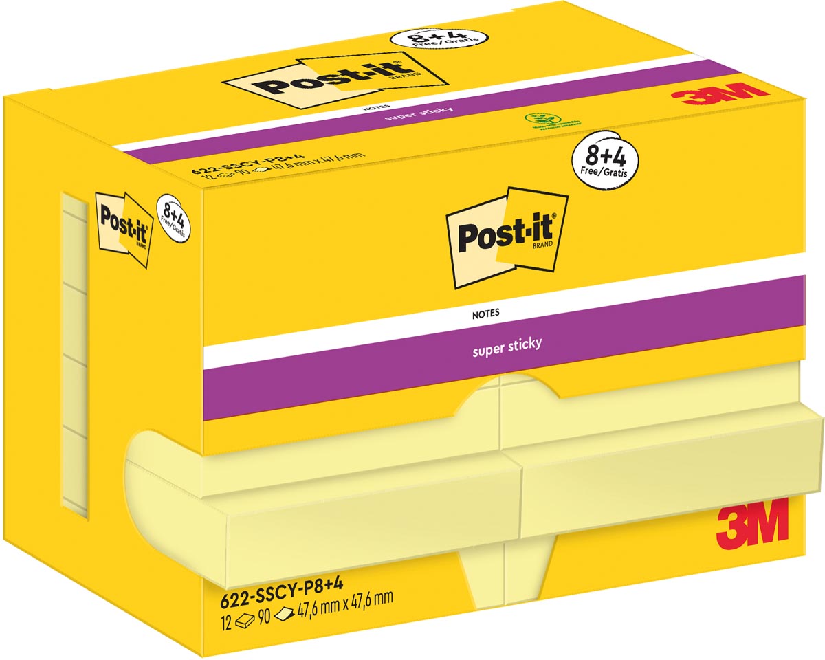 Post-It Super Sticky Notes, 90 vel, ft 47,6 x 47,6 mm, geel, 8 + 4 GRATIS afbeelding