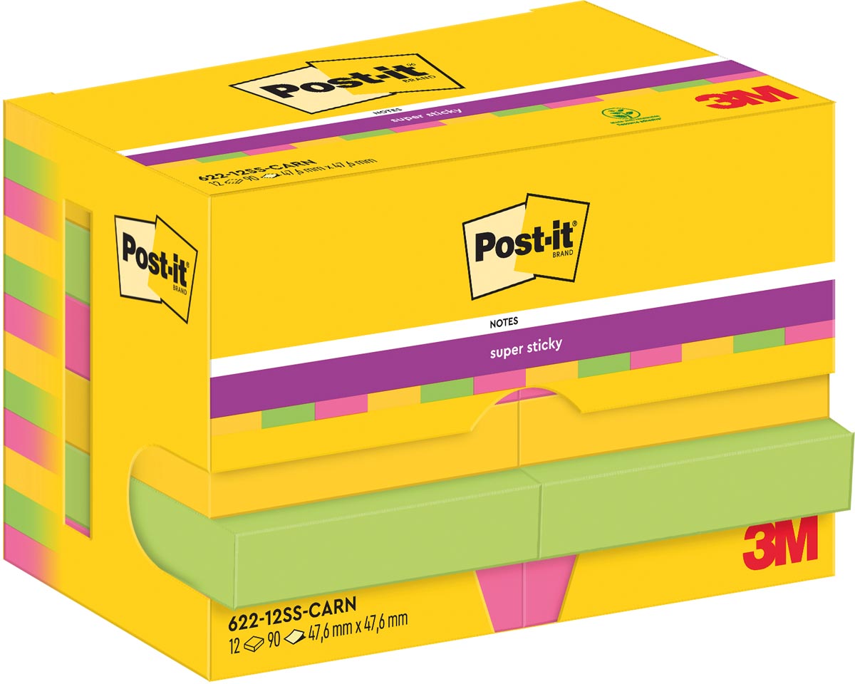 Post-It Super Sticky Notes Carnival, 90 vel, ft 47,6 x 47,6 mm, pak van 12 blokken afbeelding