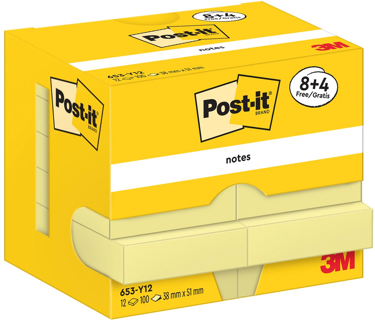 Post-It Notes, 100 vel, ft 38 x 51 mm, geel, 8 + 4 GRATIS Post-It Notes, 100 vel, ft 38 x 51 mm, geel, 8 + 4 GRATIS