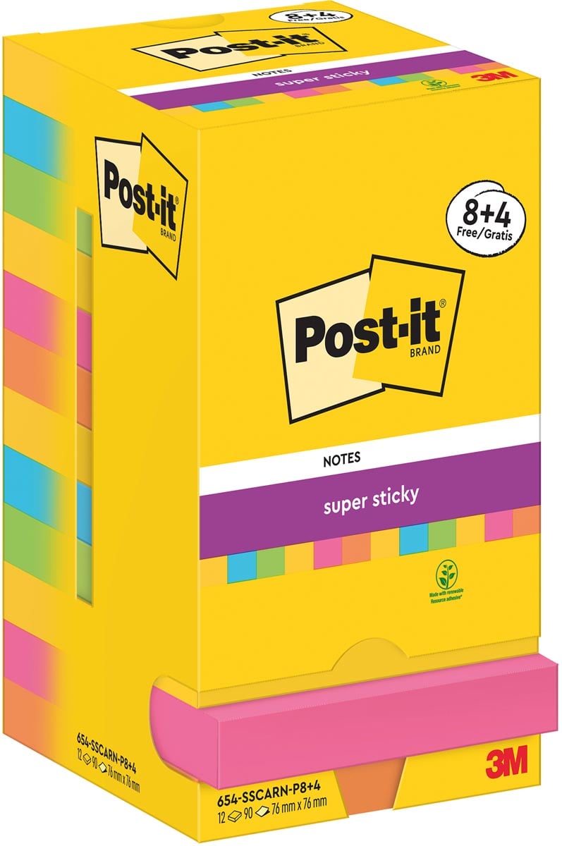 Post-It Super Sticky Notes Carnival, 90 vel, ft 76 x 76 mm, 8 + 4 GRATIS