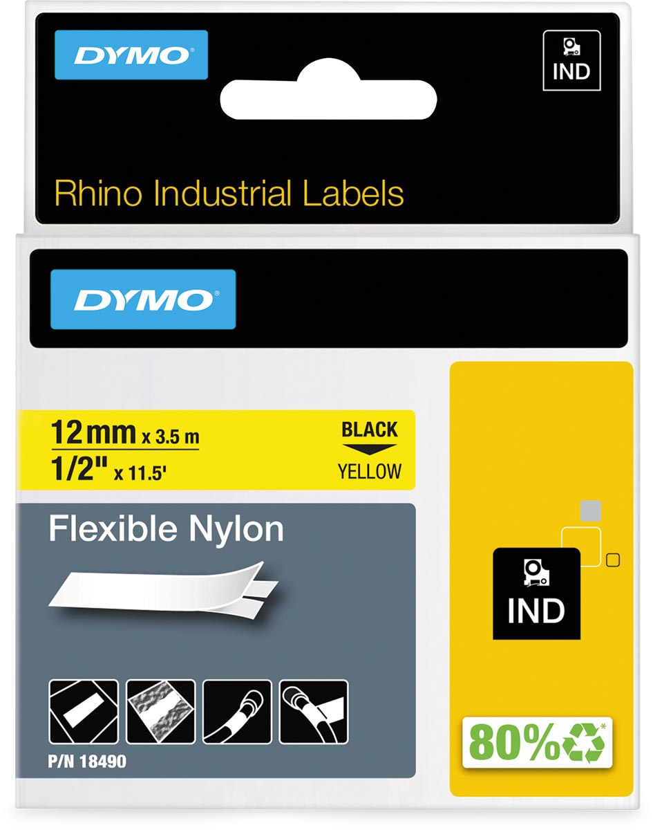 Dymo RHINO flexibele nylontape 12 mm, zwart op geel
