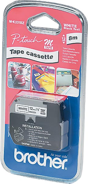 Brother M tape voor P-Touch 12 mm, gelamineerd, zwart op wit afbeelding