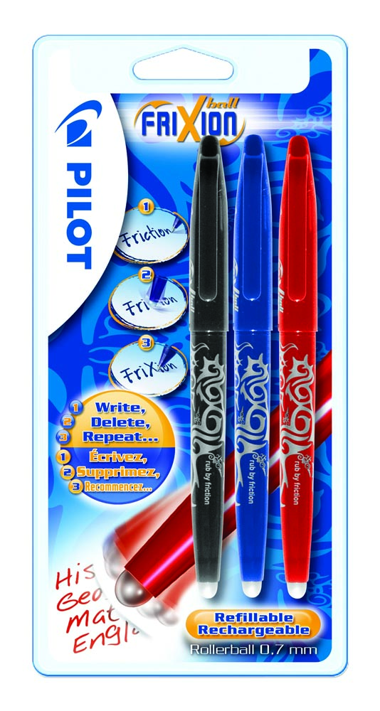 Pilot roller Frixion Ball blister van 3 stuks blauw, zwart en rood