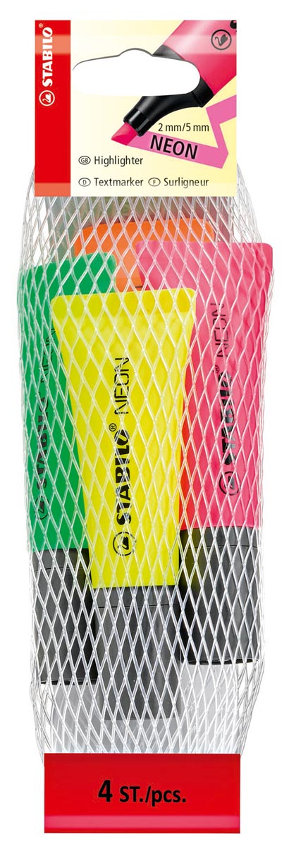 STABILO NEON markeerstift, etui van 4 stuks in geassorteerde kleuren afbeelding