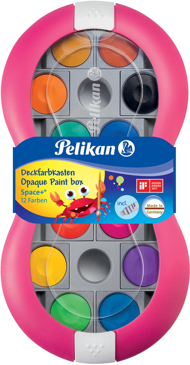 Pelikan verfdoos Space, 12 napjes in geassorteerde kleuren + tube wit, magenta
