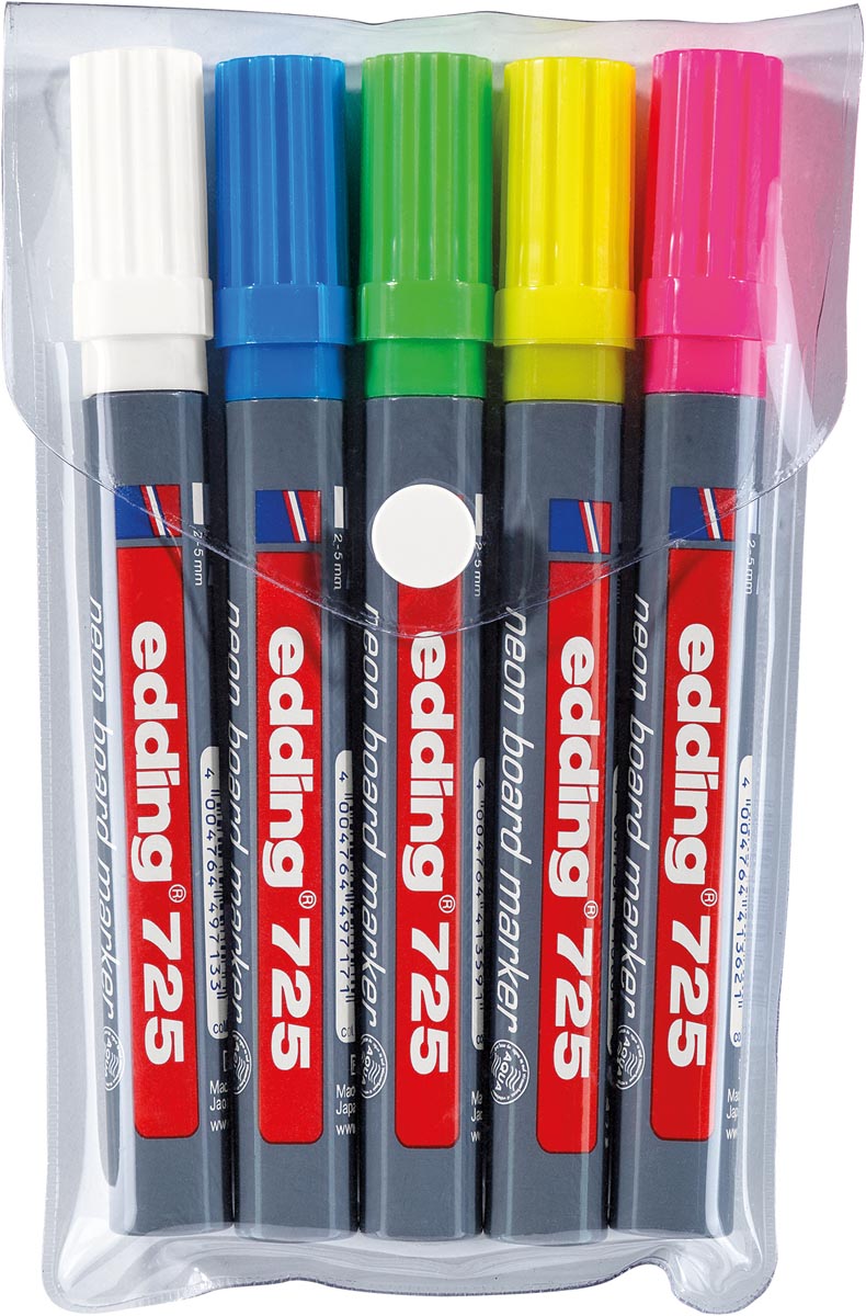 Edding neon boardmarker 725, in geassorteerde kleuren, etui van 5 stuks