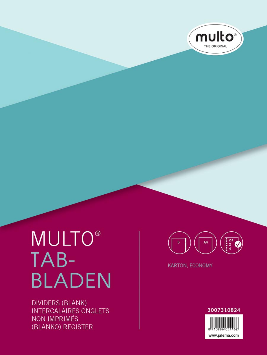 Multo tabbladen, voor ft A4, 23-gaatsperforatie, uit gerecycleerd karton, 5 tabs, geassorteerde kleuren