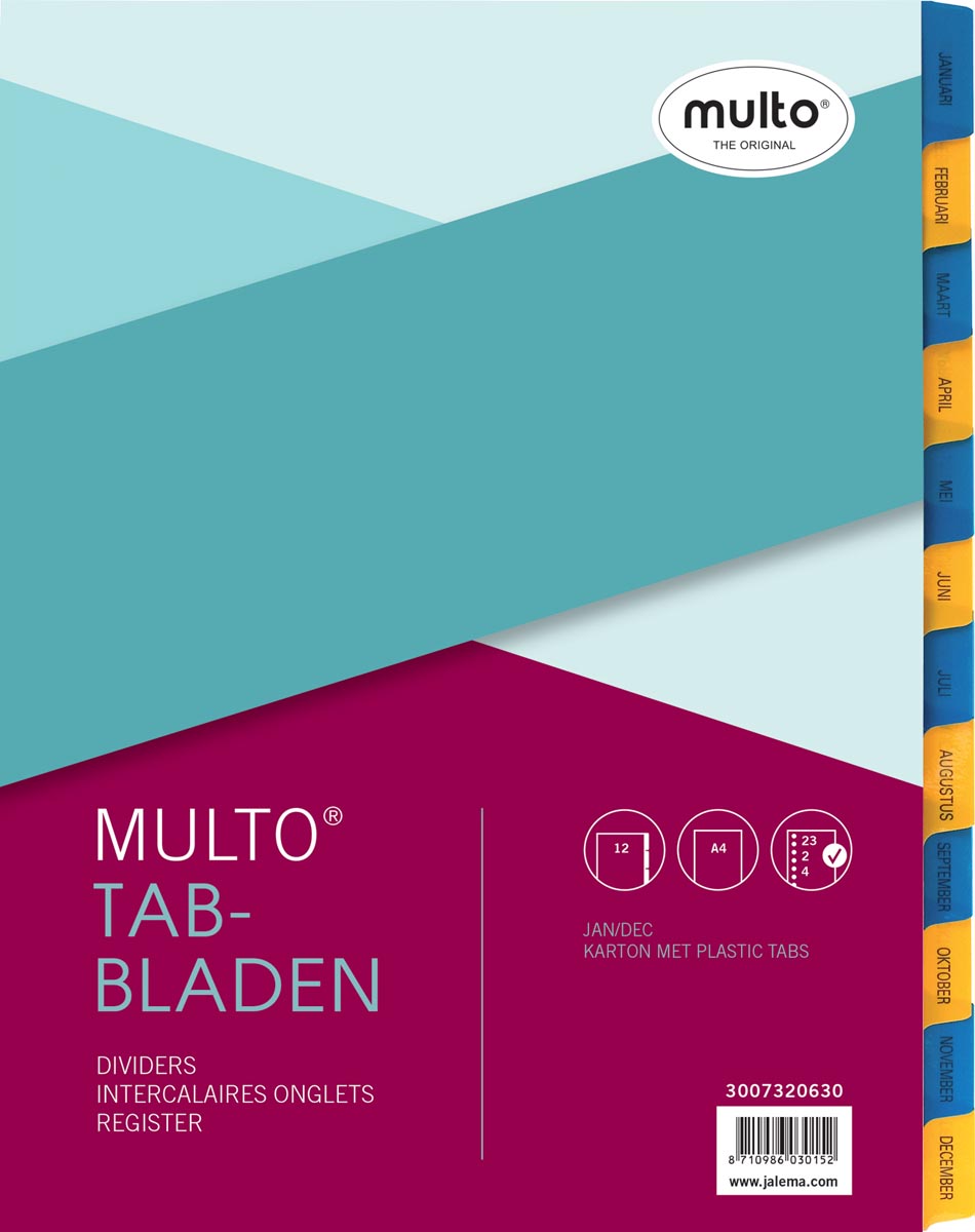 Multo tabbladen, voor ft A4, 23-gaatsperoforatie, uit karton, 12 tabs, jan-dec, geel/blauw