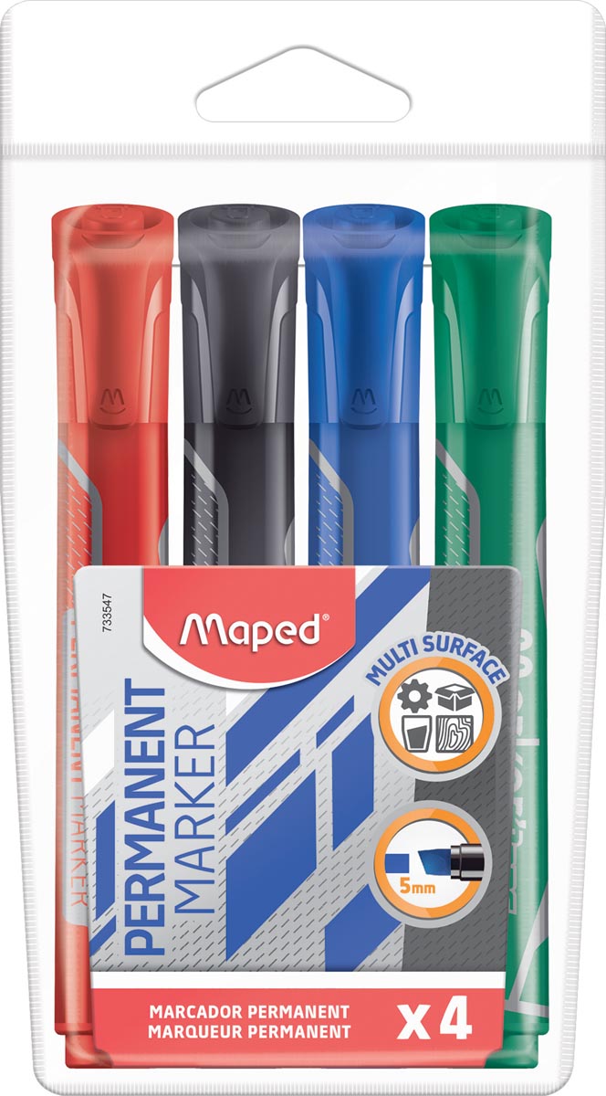 Maped permanent marker Jumbo, beitelvormige punt, etui van 4 stuks in geassorteerde kleuren Maped permanent marker Jumbo, beitelvormige punt, etui van 4 stuks in geassorteerde kleuren