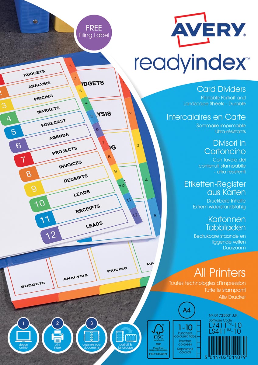 Avery ReadyIndex tabbladen uit karton met personaliseerbare tabbladen, ft A4, 10 tabs