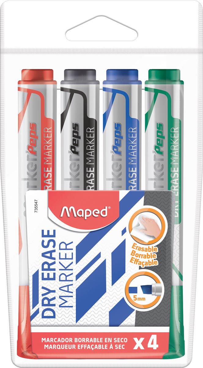 Maped whiteboardmarker Jumbo, beitelvormige punt, etui van 4 stuks in geassorteerde kleuren