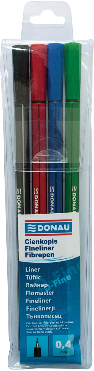 DONAU ECO DONAU D-fine fineliner, 0,4 mm, etui van 4 stuks, geassorteerde kleuren