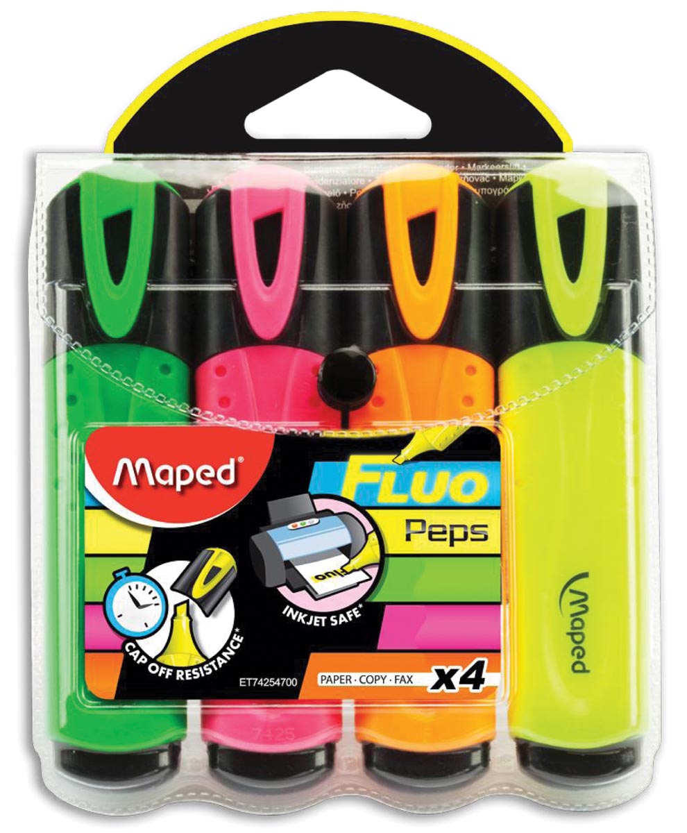 Maped markeerstift Fluo'Peps Classic etui van 4 stuks geel, oranje, roze en groen