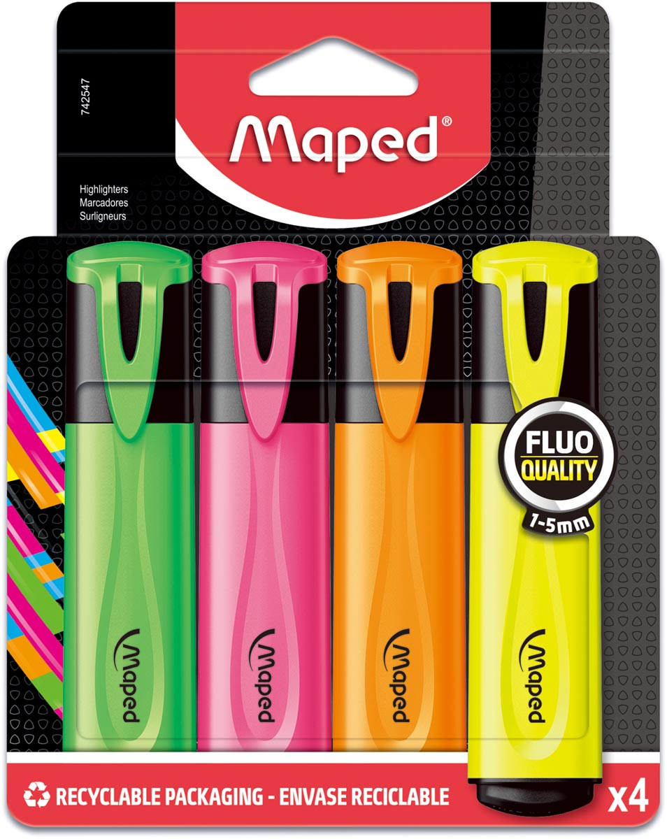 Maped markeerstift Fluo&apos;Peps Classic etui van 4 stuks: geel, oranje, roze en groen afbeelding