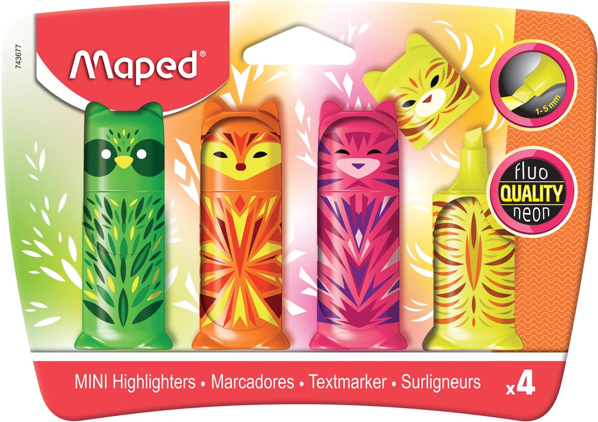 Maped markeerstift Fluo&apos;Peps Mini friends, etui van 4 stuks