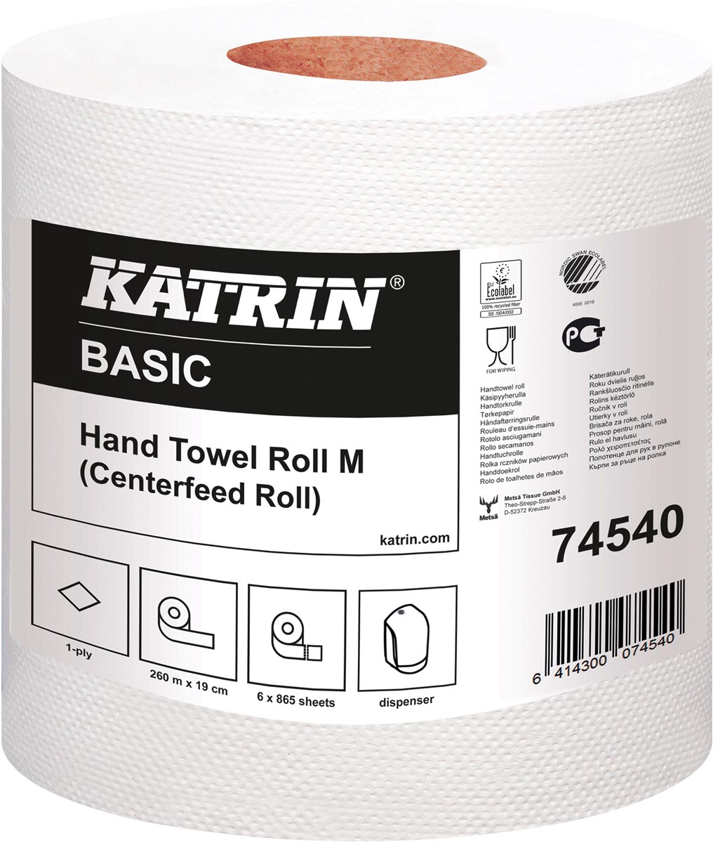 Katrin handdoeken voor dispenser op rol, 1-laags 259,5 m, pak van 6 rollen