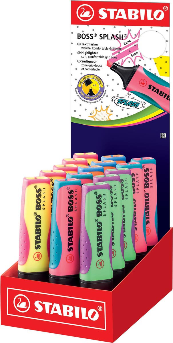 STABILO BOSS SPLASH markeerstift, display van 15 stuks in geassorteerde kleuren STABILO BOSS SPLASH markeerstift, display van 15 stuks in geassorteerde kleuren