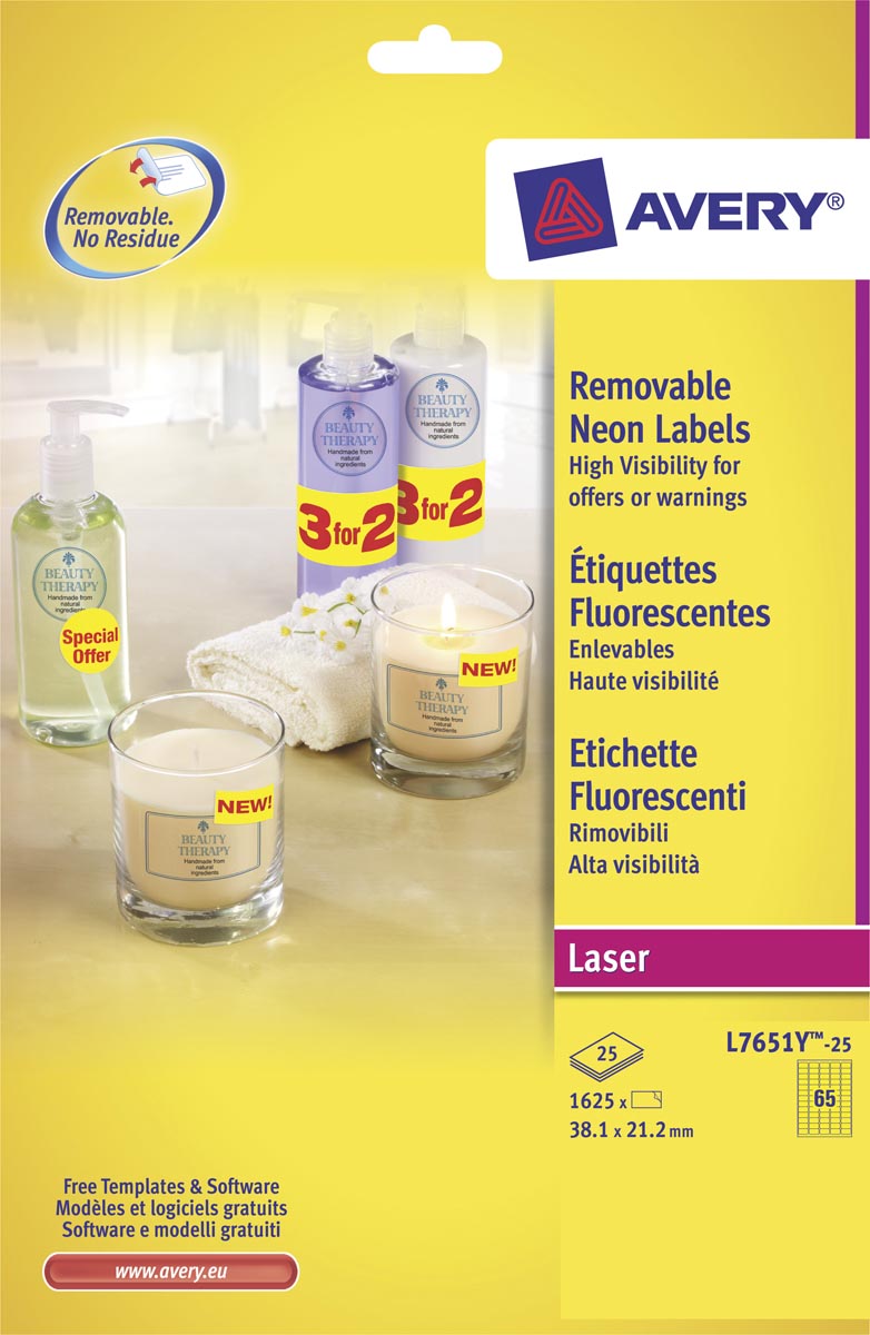 Avery afneembare neon etiketten ft 38,1 x 21,2 mm (b x h), doos van 25 blad, 1625 stuks, neongeel