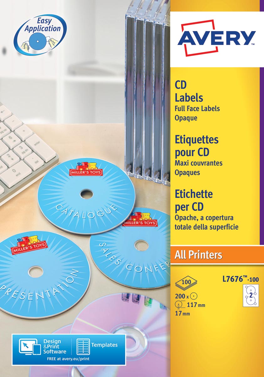 Avery L7676-100 CD etiketten, diameter 117 mm, 200 etiketten, wit