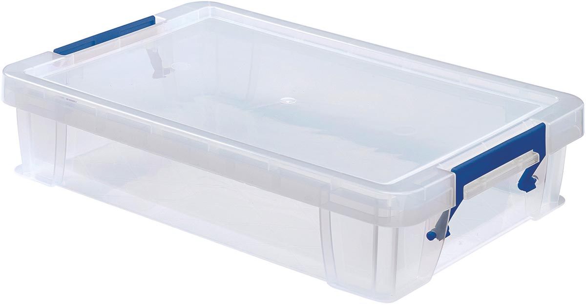 Bankers Box opbergdoos 5,5 liter, transparant met blauwe handvaten, per stuk verpakt in karton