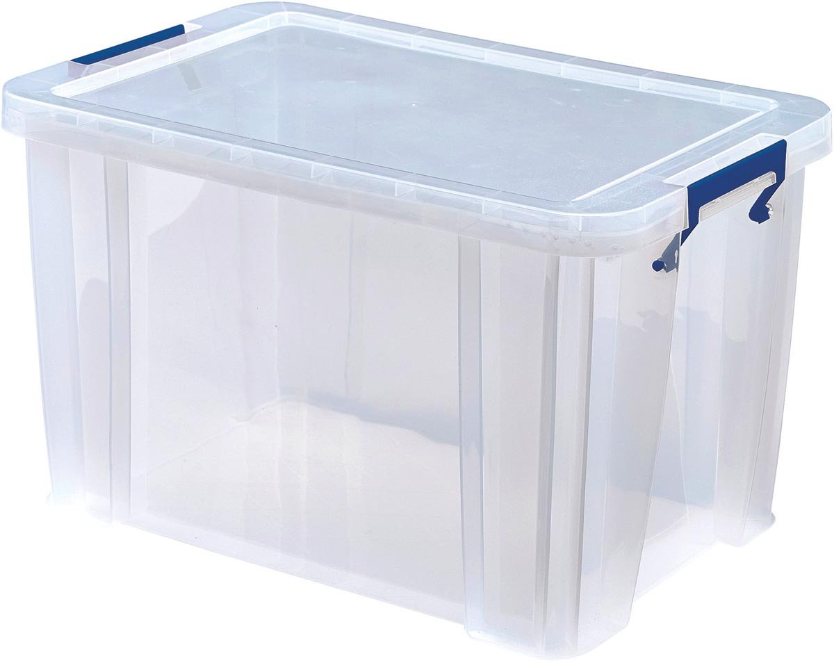 Bankers Box opbergdoos 26 liter, transparant met blauwe handvaten, per stuk verpakt in karton afbeelding