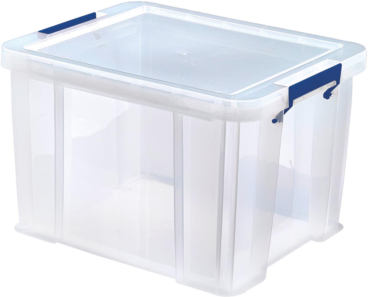 Bankers Box opbergdoos 36 liter, transparant met blauwe handvaten, set van 3 stuks verpakt in karton afbeelding