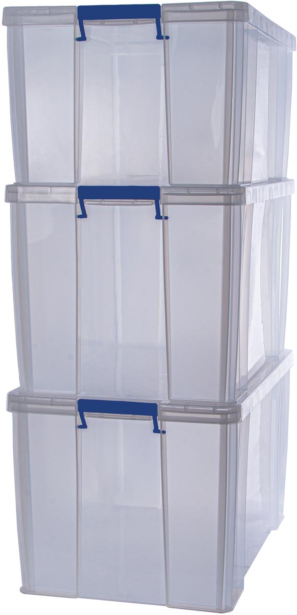 Bankers Box opbergdoos 2 x 85L + 1 x 70L, transparant met handvaten, set van 3 stuks verpakt in karton