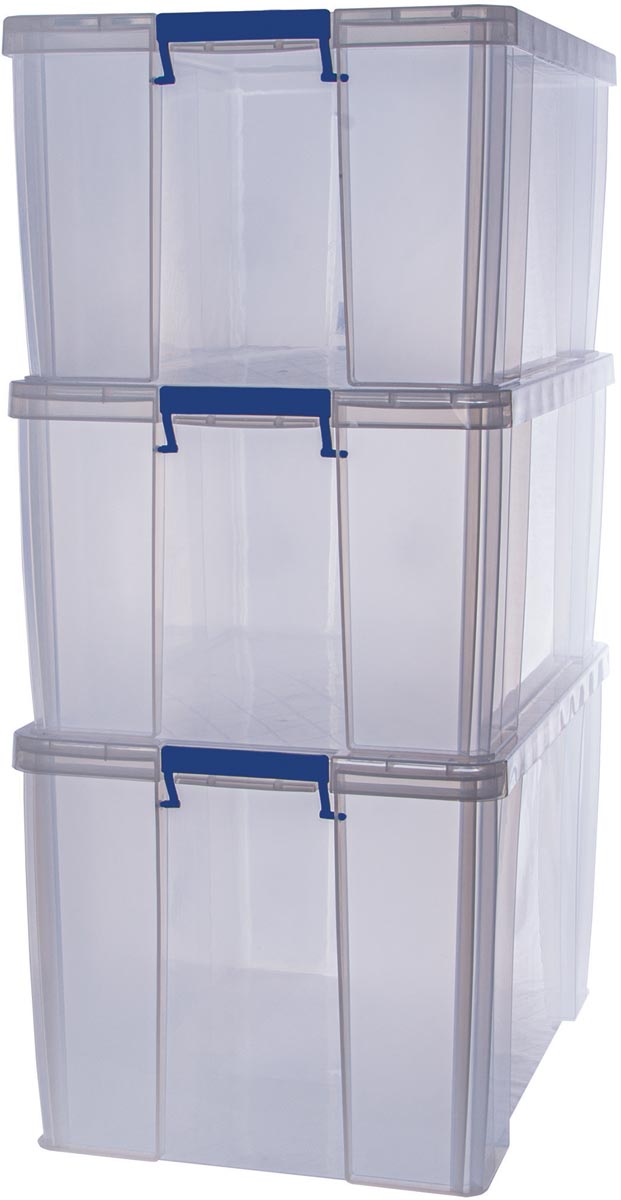 Bankers Box opbergdoos 2 x 70L + 1 x 85L, transparant met handvaten, set van 3 stuks verpakt in karton