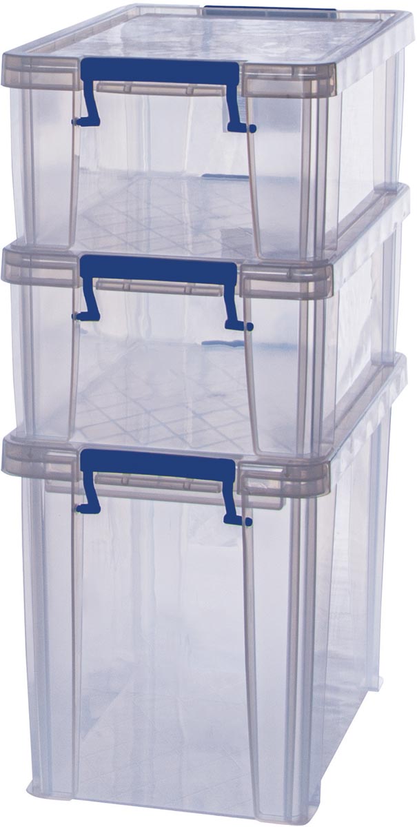Bankers Box opbergdoos 2 x 10L + 1 x 18,5L, transparant met handvaten, set van 3 stuks verpakt in karton