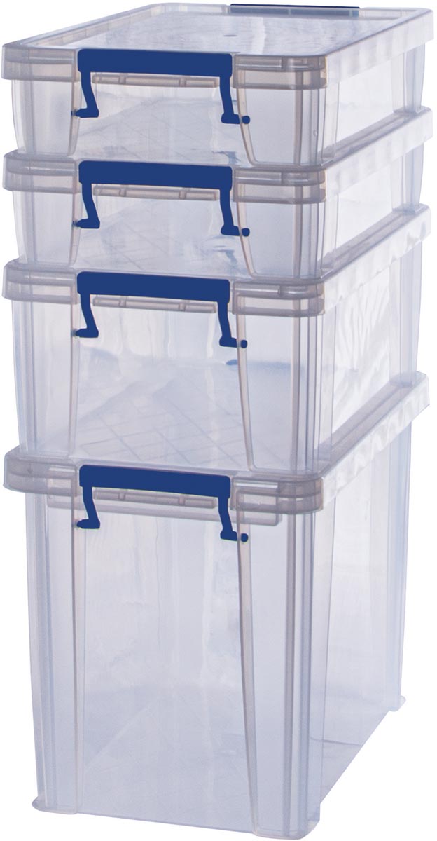 Bankers Box opbergdoos 1 x 18,5L + 2 x 5,5L + 1 x 10L, transparant, set van 4 stuks verpakt in karto Bankers Box opbergdoos 1 x 18,5L + 2 x 5,5L + 1 x 10L, transparant, set van 4 stuks verpakt in karto