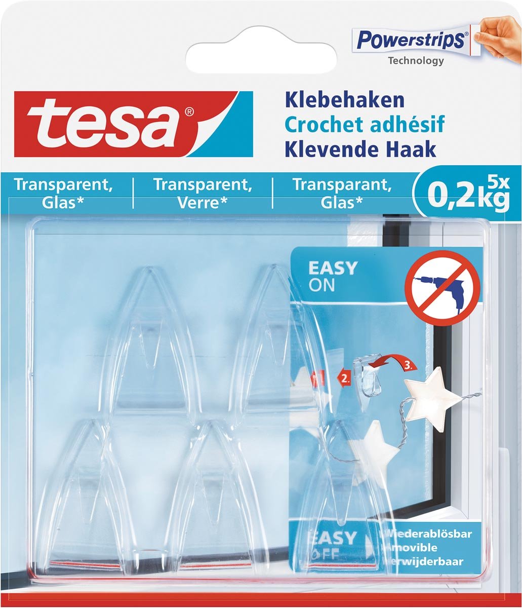 Tesa klevende Haak voor Transparant en Glas, draagvermogen 200 g, blister van 5 stuks afbeelding
