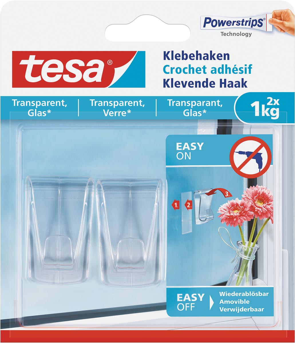 Tesa Klevende haak voor Transparant en Glas, draagvermogen 1 kg, blister van 2 stuks afbeelding