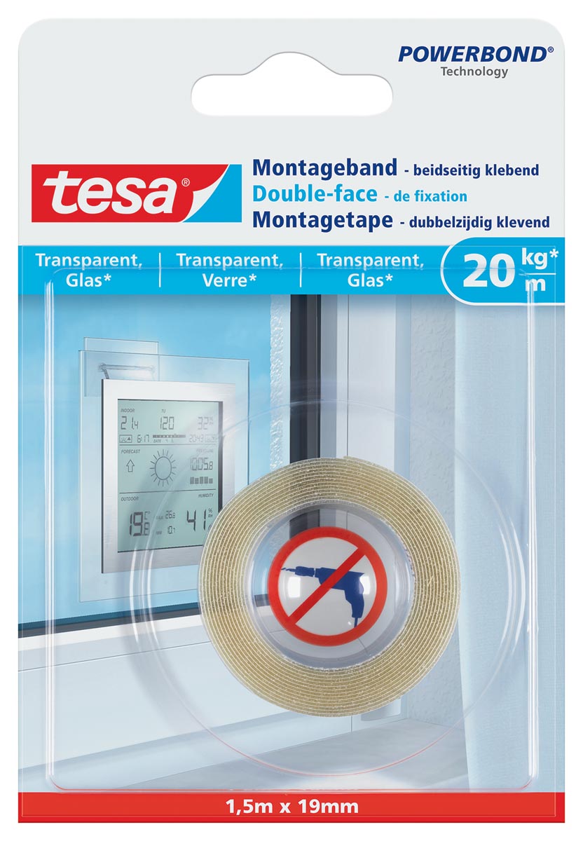 Tesa Powerbond montagetape Transparant, 19 mm x 1,5 m