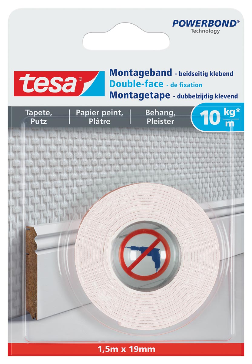 Tesa Powerbond montagetape Gevoelige Oppervlakken, 19 mm x 1,5 m