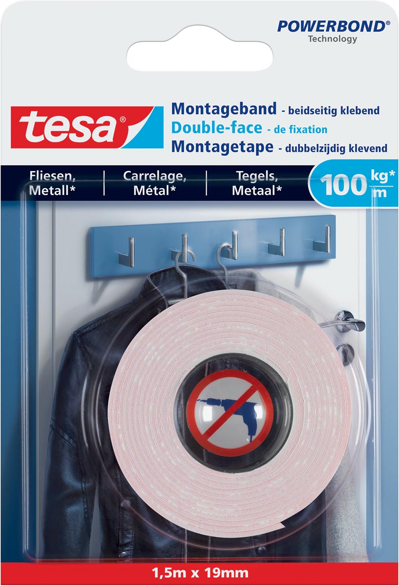Tesa Powerbond montagetape Tegels en Metaal, 19 mm x 1,5 m afbeelding