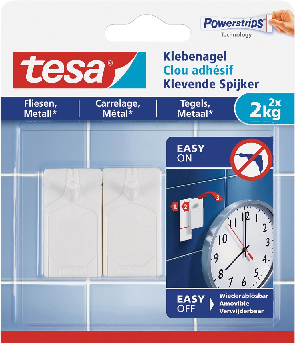 Tesa Klevende Spijker voor Tegels en Metaal, draagvermogen 2 kilogram, blister van 2 stuks afbeelding