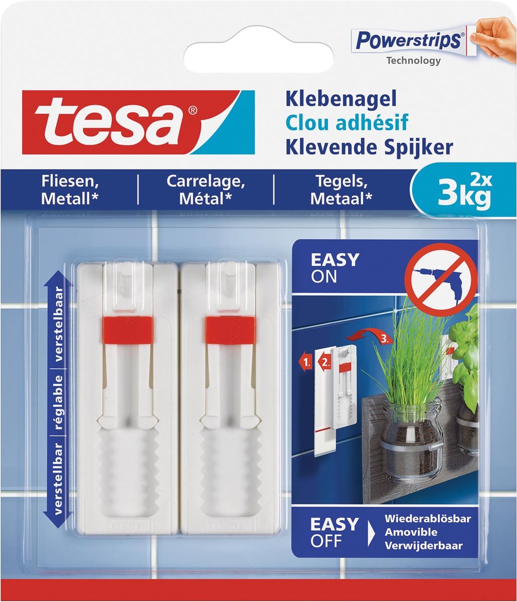 Tesa Klevende Spijker voor Tegels en Metaal, verstelbaar, draagvermogen 3 kg, blister van 2 stuks afbeelding