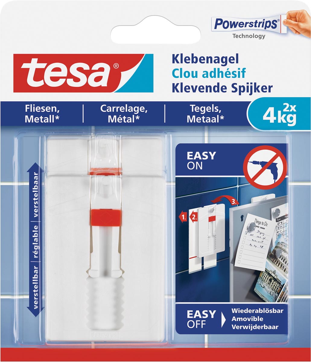 Tesa Klevende Spijker voor Tegels en Metaal, verstelbaar, draagvermogen 4 kg, blister van 2 stuks